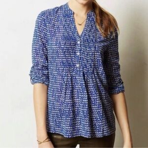 HD in Paris Blue Patterned V-Neck Women's Blouse